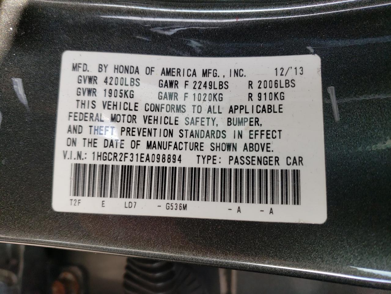 1HGCR2F31EA098894 2014 Honda Accord Lx