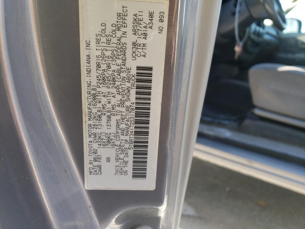 5TBRT34172S317074 2002 Toyota Tundra Access Cab