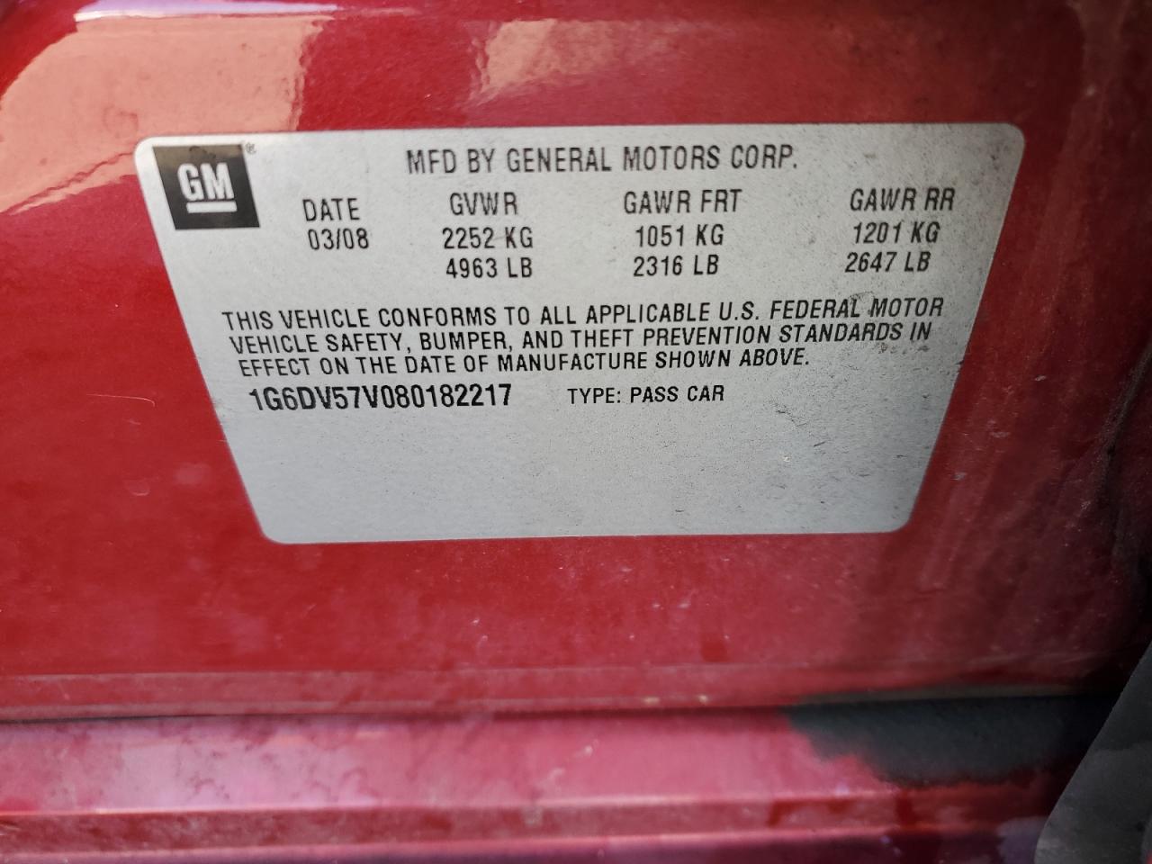 2008 Cadillac Cts Hi Feature V6 VIN: 1G6DV57V080182217 Lot: 61787274