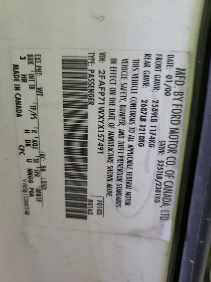 2000 Ford Crown Victoria Police Interceptor VIN: 2FAFP71WXYX157491 Lot: 38520384