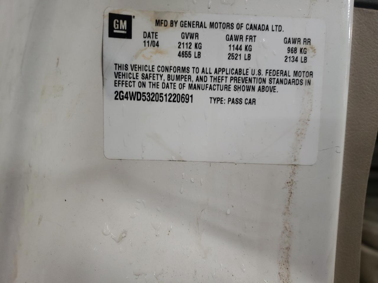 2005 Buick Lacrosse Cxl VIN: 2G4WD532051220691 Lot: 37306624