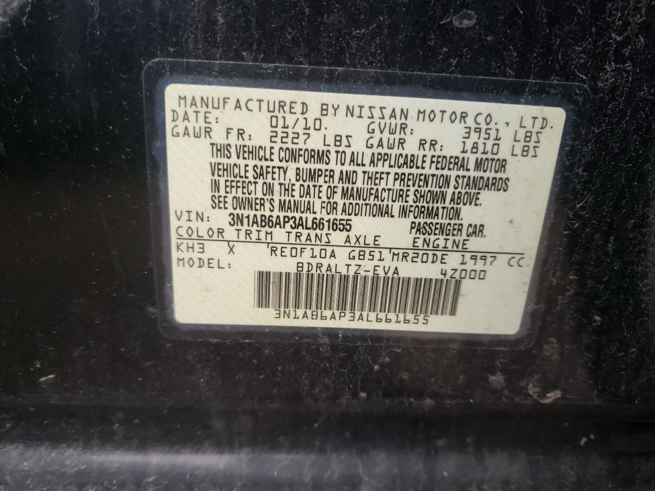 2010 Nissan Sentra 2.0 VIN: 3N1AB6AP3AL661655 Lot: 40636244