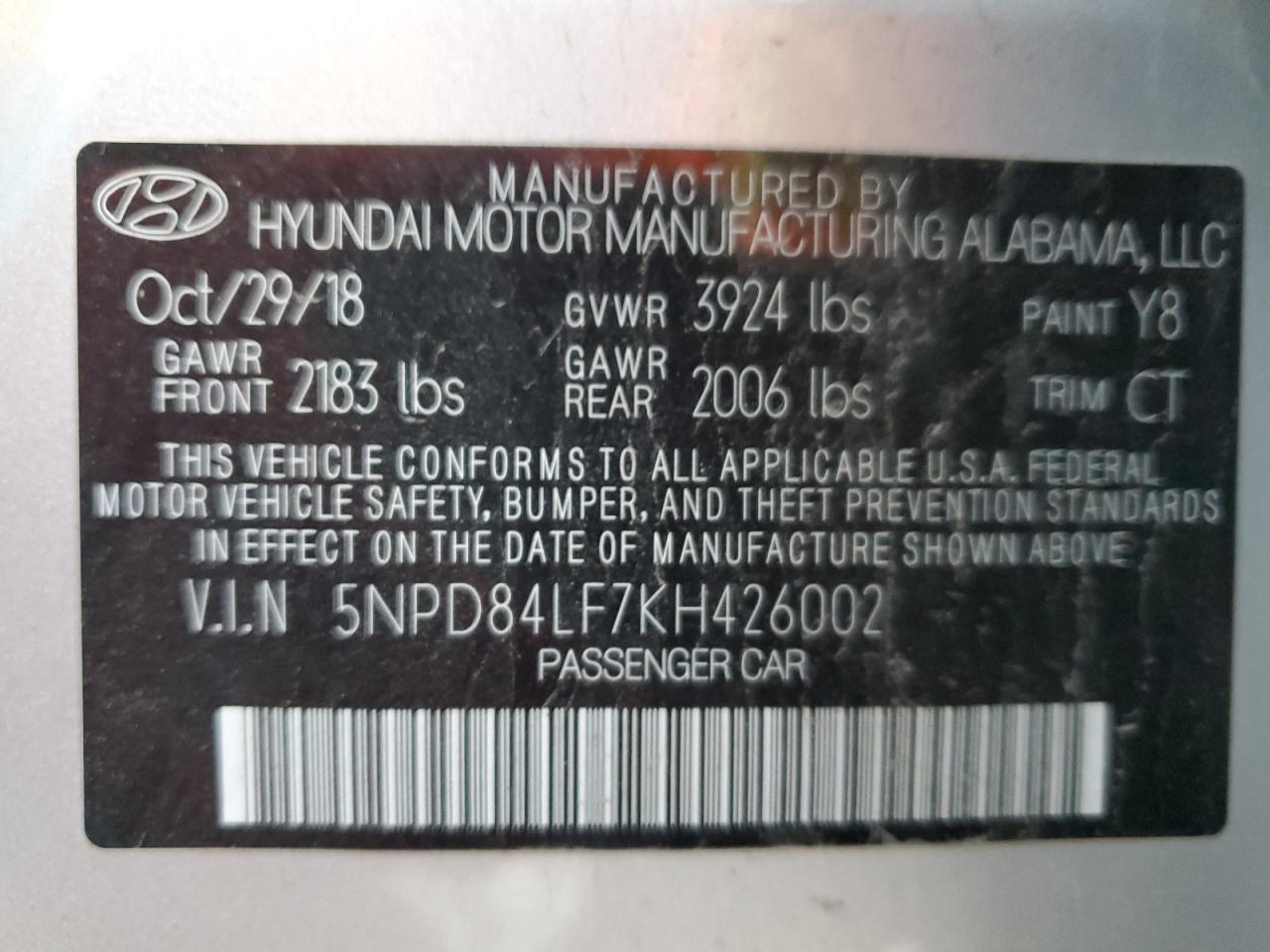 5NPD84LF7KH426002 2019 Hyundai Elantra Sel