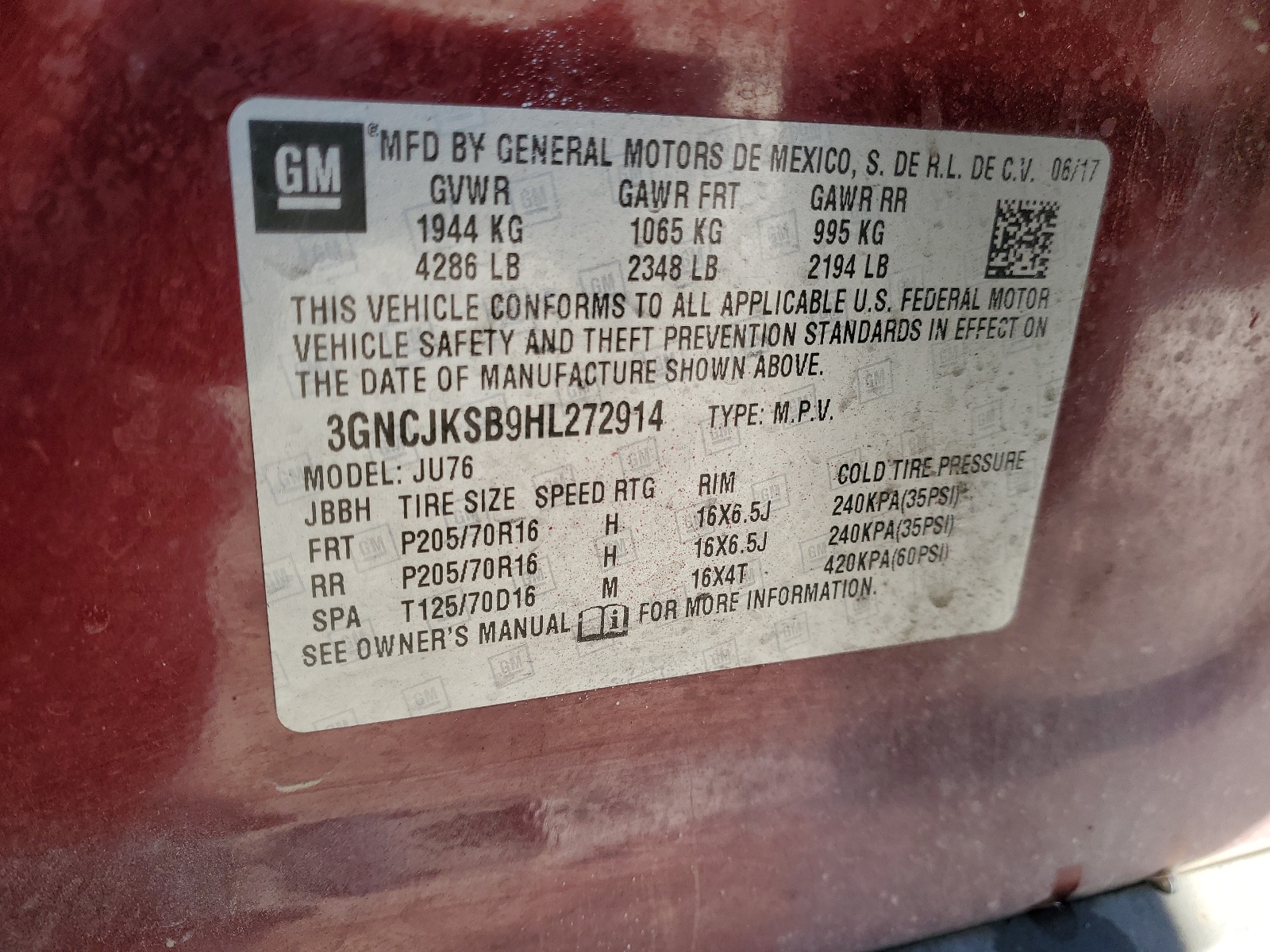 3GNCJKSB9HL272914 2017 Chevrolet Trax Ls