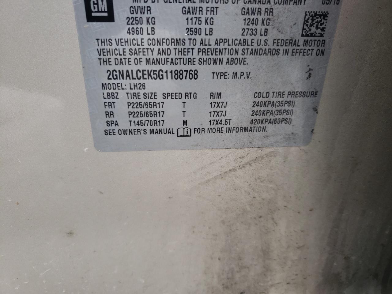 2016 Chevrolet Equinox Lt VIN: 2GNALCEK5G1188768 Lot: 39510544