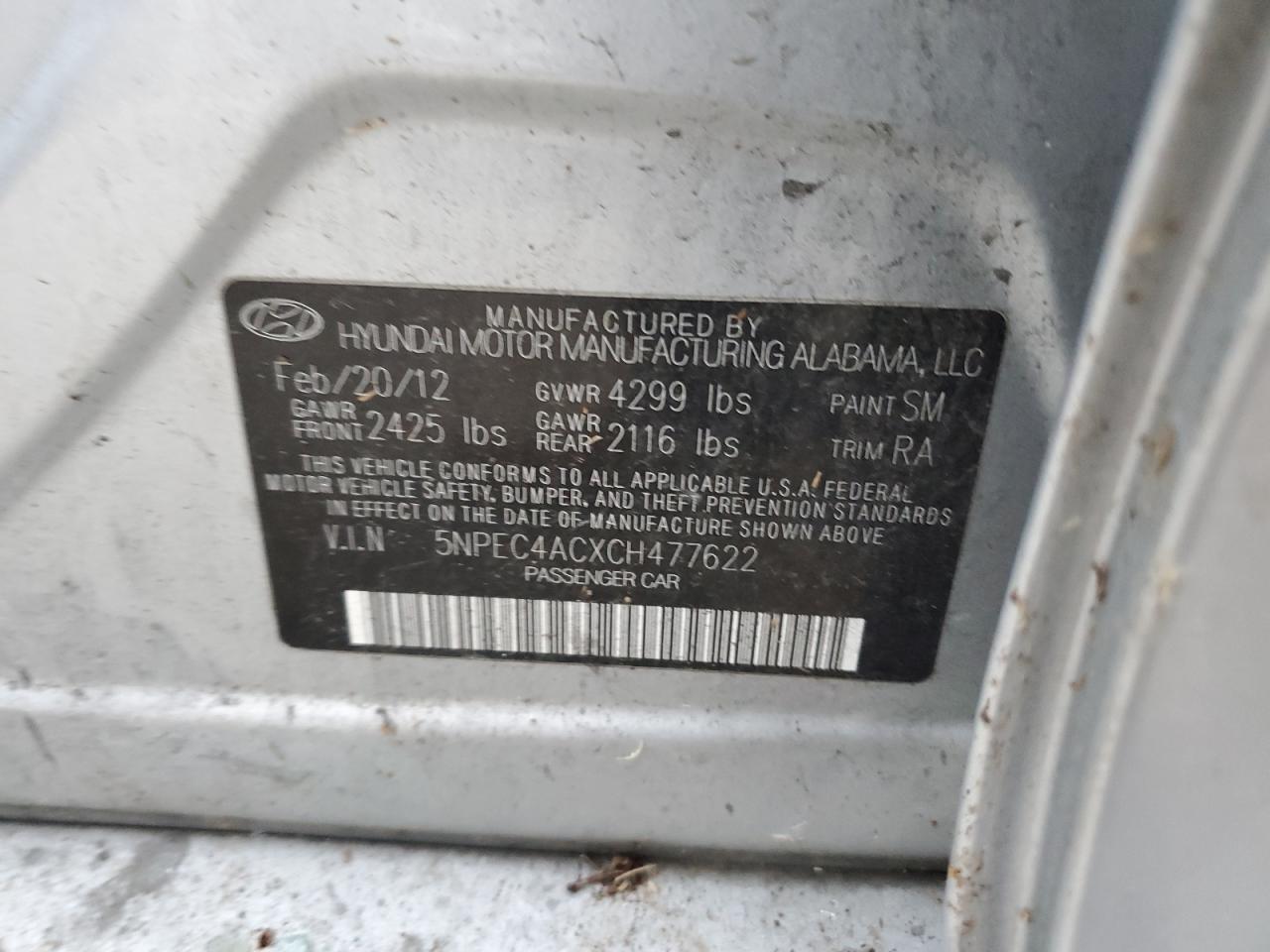 5NPEC4ACXCH477622 2012 Hyundai Sonata Se