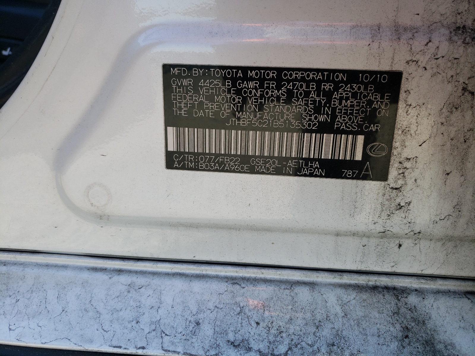 JTHBF5C21B5135302 2011 Lexus Is 250