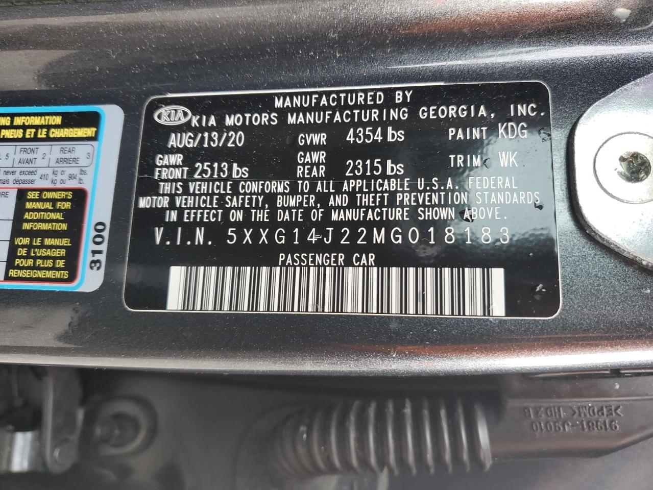 2021 Kia K5 Lxs VIN: 5XXG14J22MG018183 Lot: 80862823
