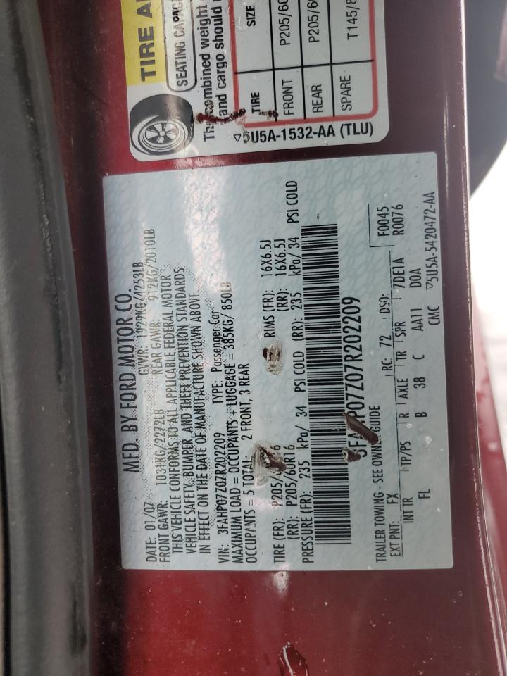 2007 Ford Fusion Se VIN: 3FAHP07Z07R202209 Lot: 56072094
