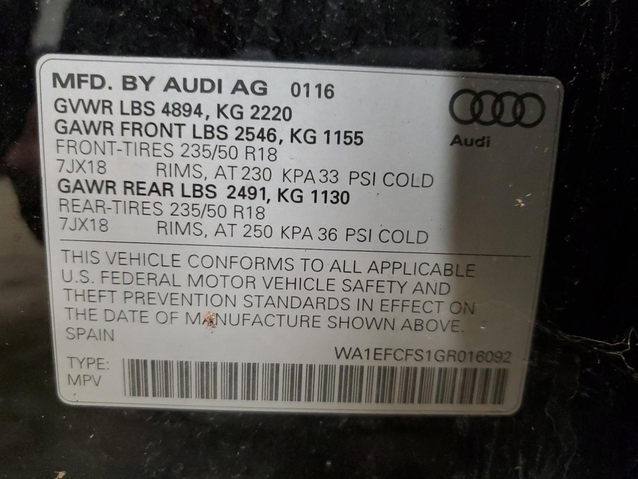 2016 Audi Q3 Premium Plus VIN: WA1EFCFS1GR016092 Lot: 38507044