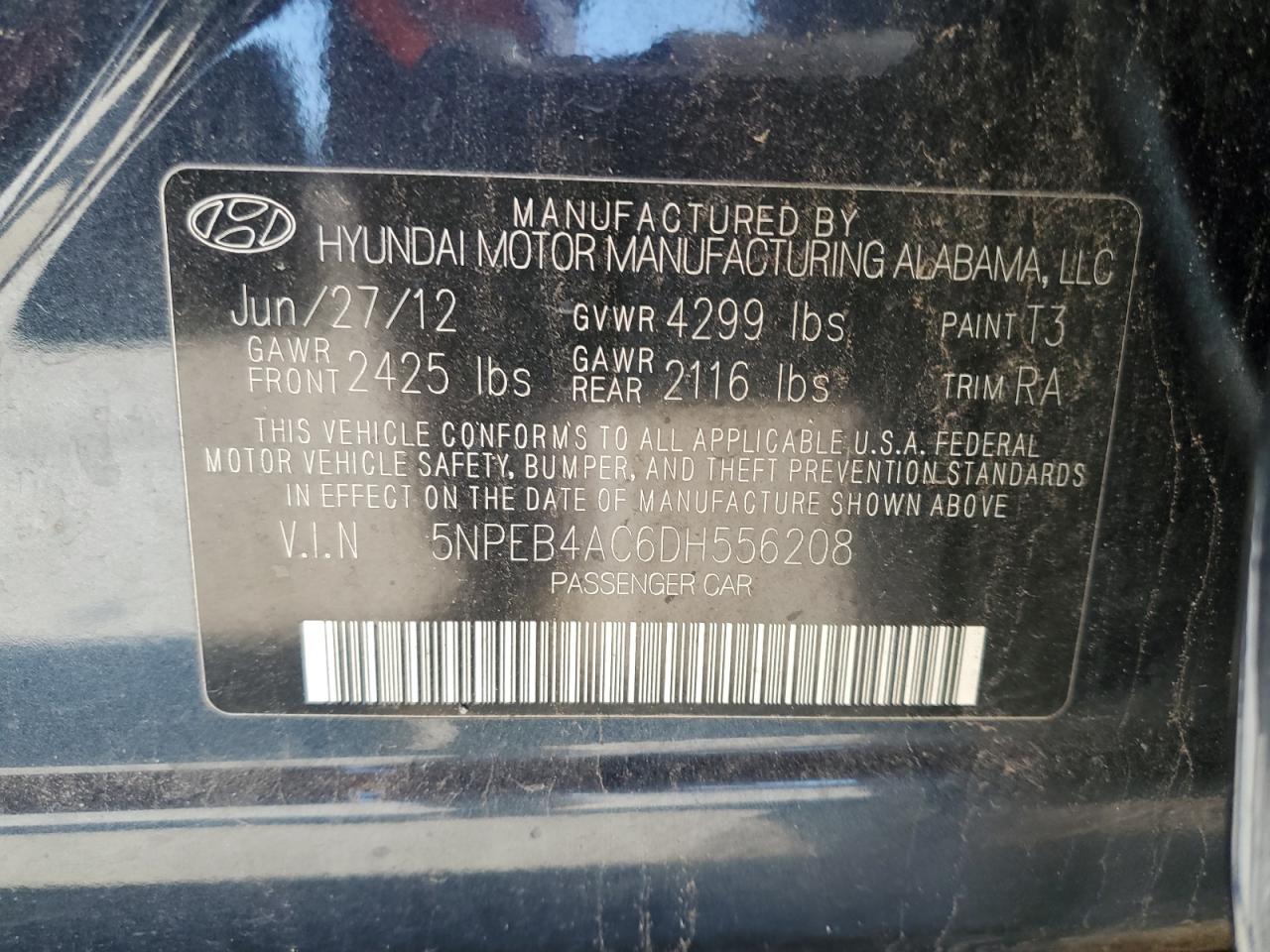 5NPEB4AC6DH556208 2013 Hyundai Sonata Gls