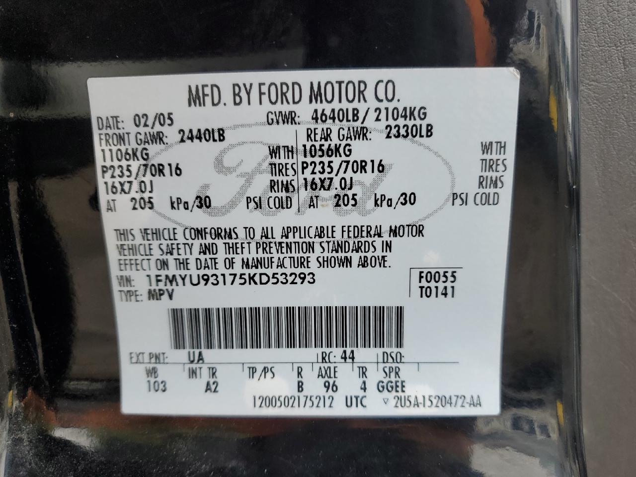 2005 Ford Escape Xlt VIN: 1FMYU93175KD53293 Lot: 82142443