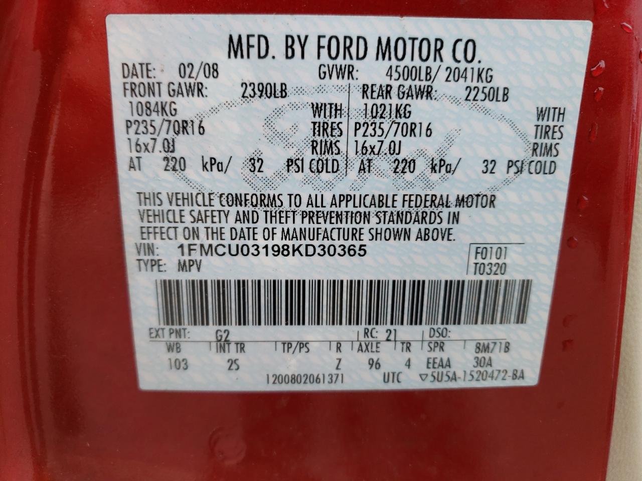 2008 Ford Escape Xlt VIN: 1FMCU03198KD30365 Lot: 40322044
