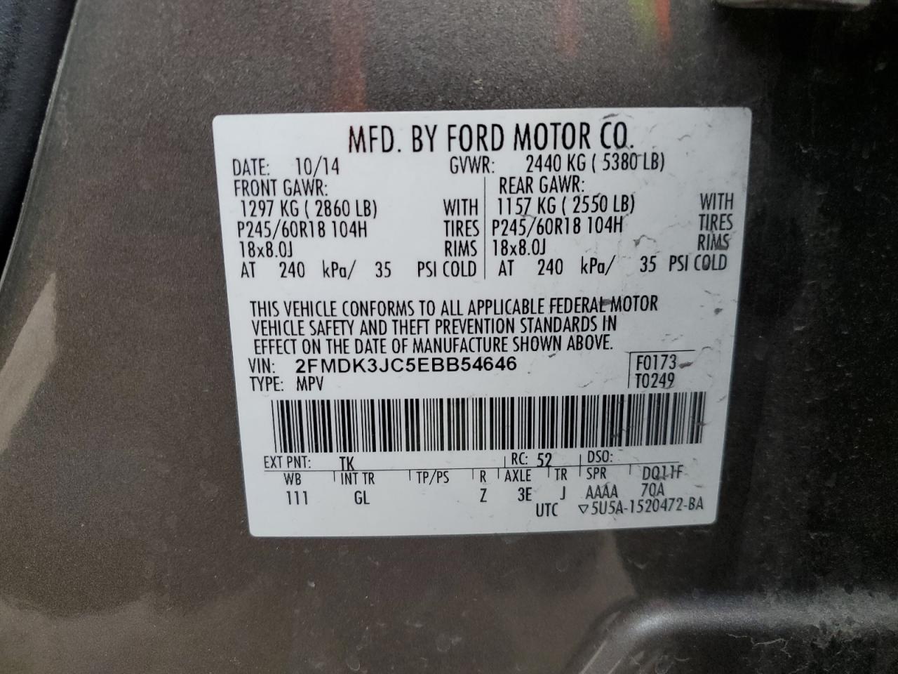 2014 Ford Edge Sel VIN: 2FMDK3JC5EBB54646 Lot: 46200794