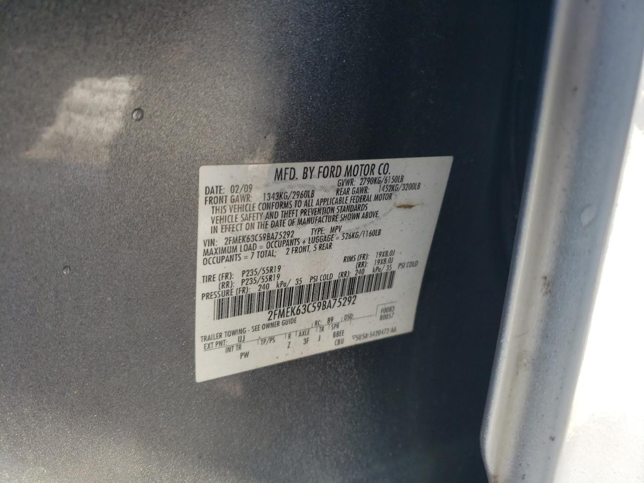 2009 Ford Flex Limited VIN: 2FMEK63C59BA75292 Lot: 82621623