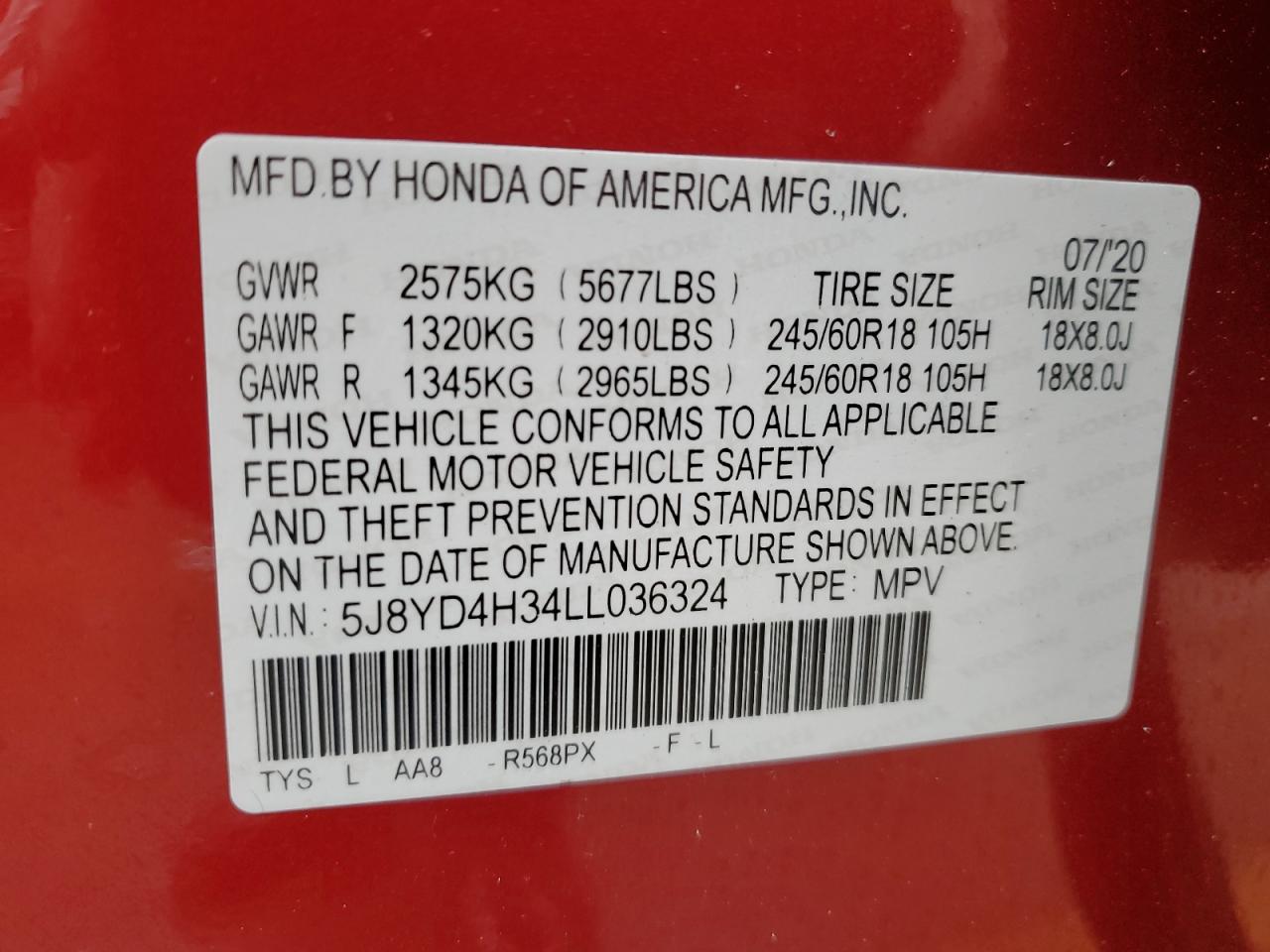 5J8YD4H34LL036324 2020 Acura Mdx