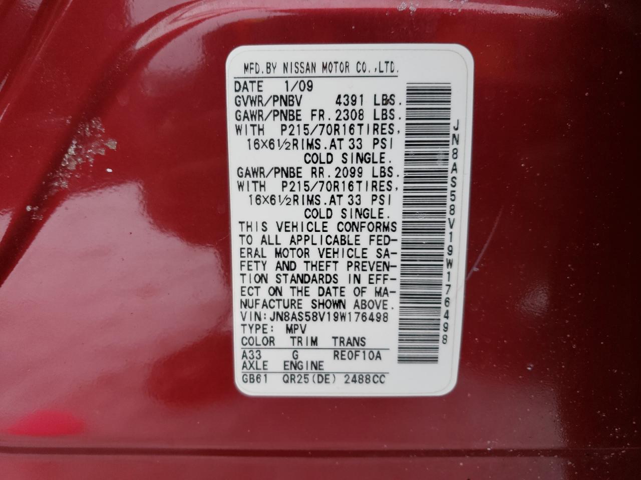 2009 Nissan Rogue S VIN: JN8AS58V19W176498 Lot: 38535434