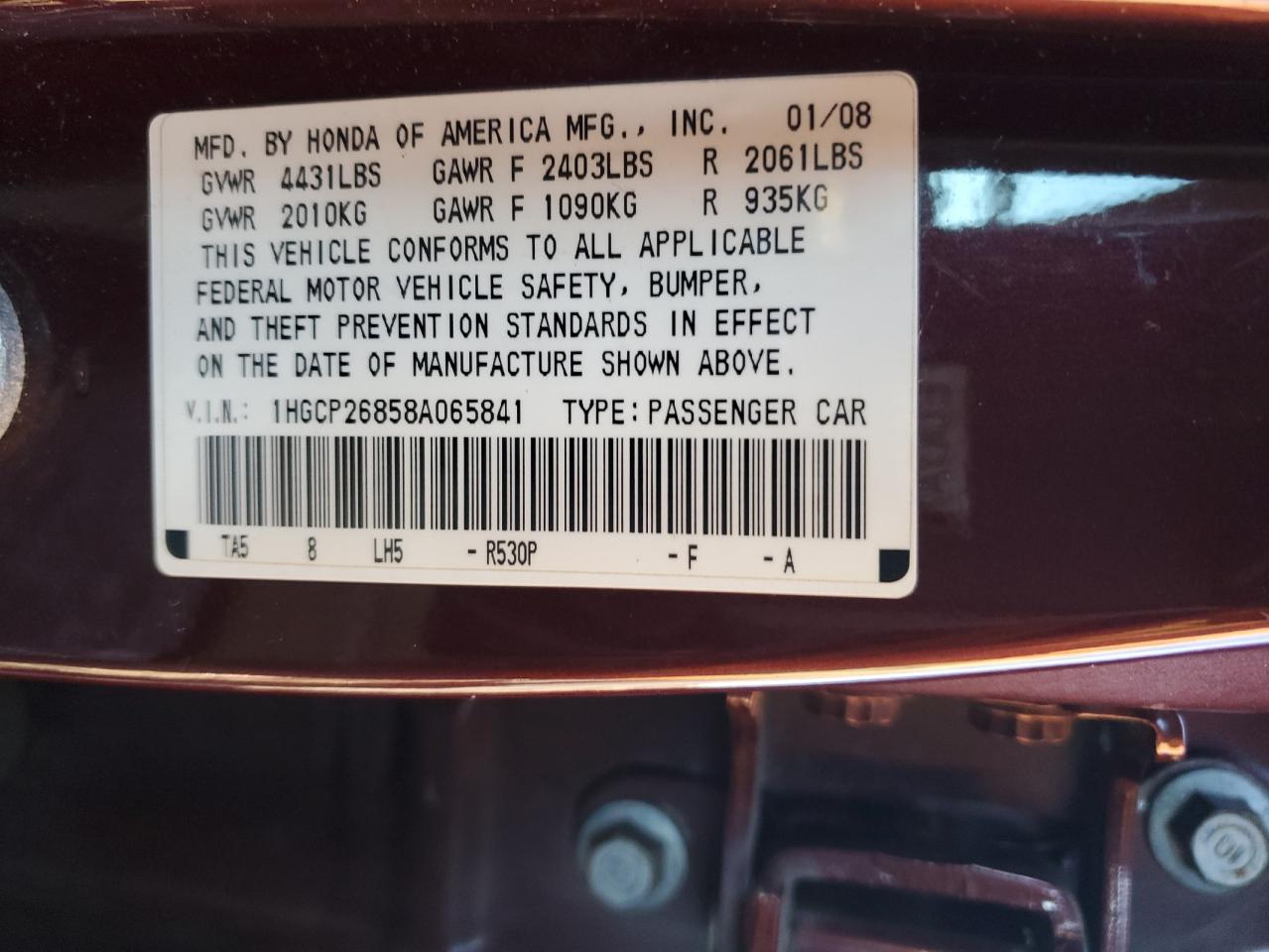 1HGCP26858A065841 2008 Honda Accord Exl