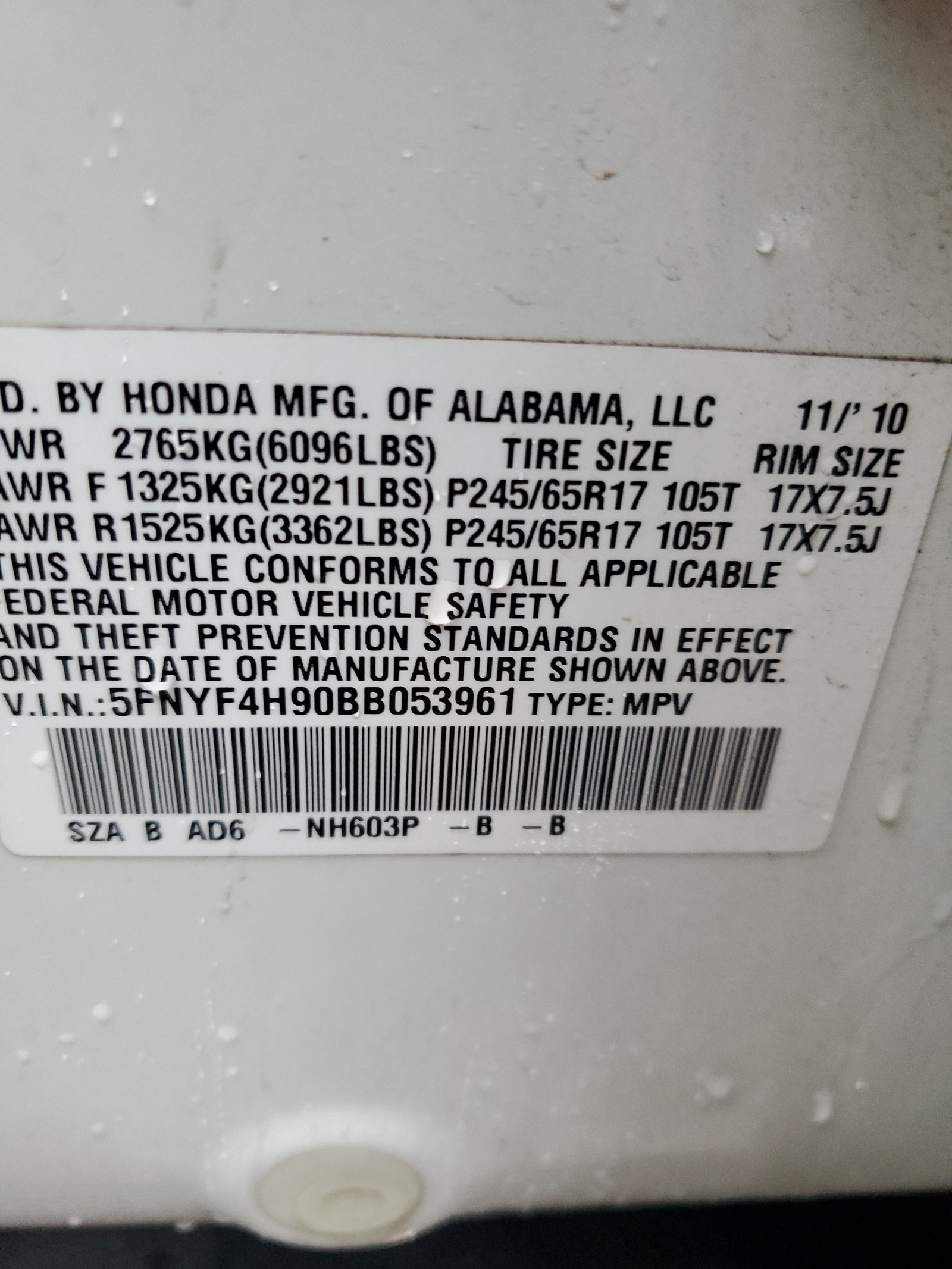 5FNYF4H90BB053961 2011 Honda Pilot Touring