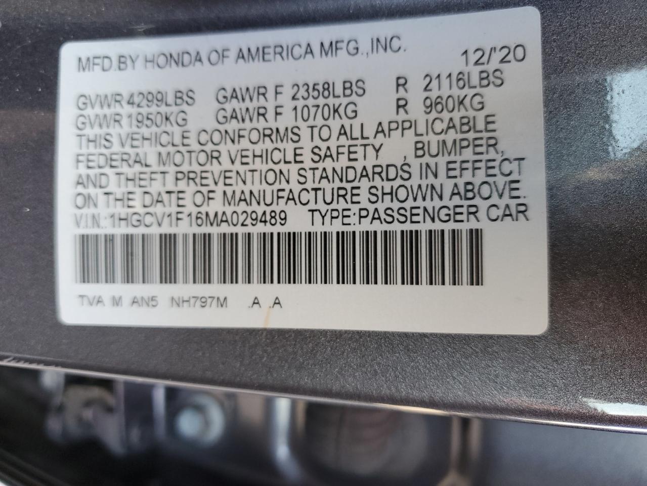 1HGCV1F16MA029489 2021 Honda Accord Lx