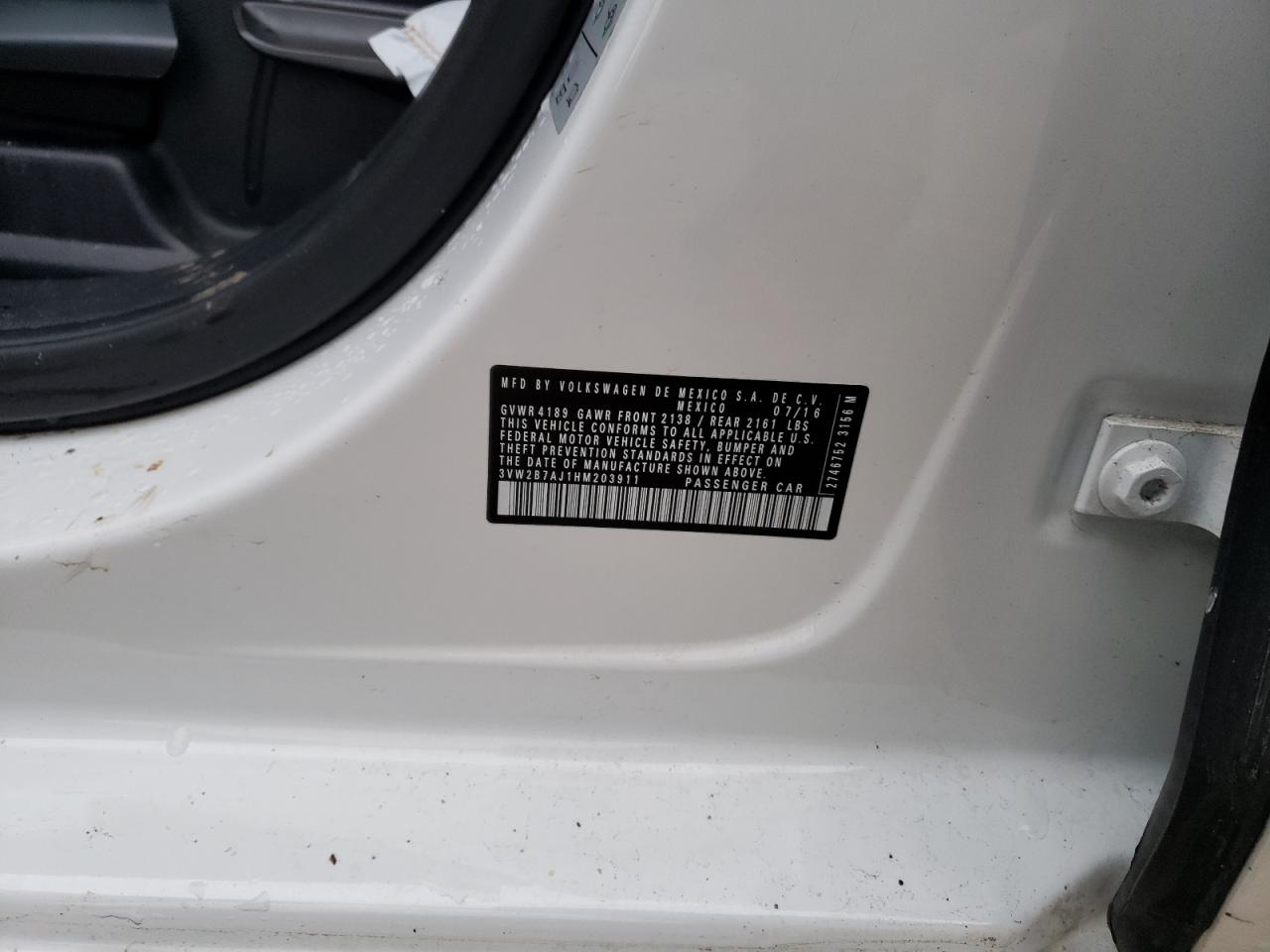 2017 Volkswagen Jetta S VIN: 3VW2B7AJ1HM203911 Lot: 37499814