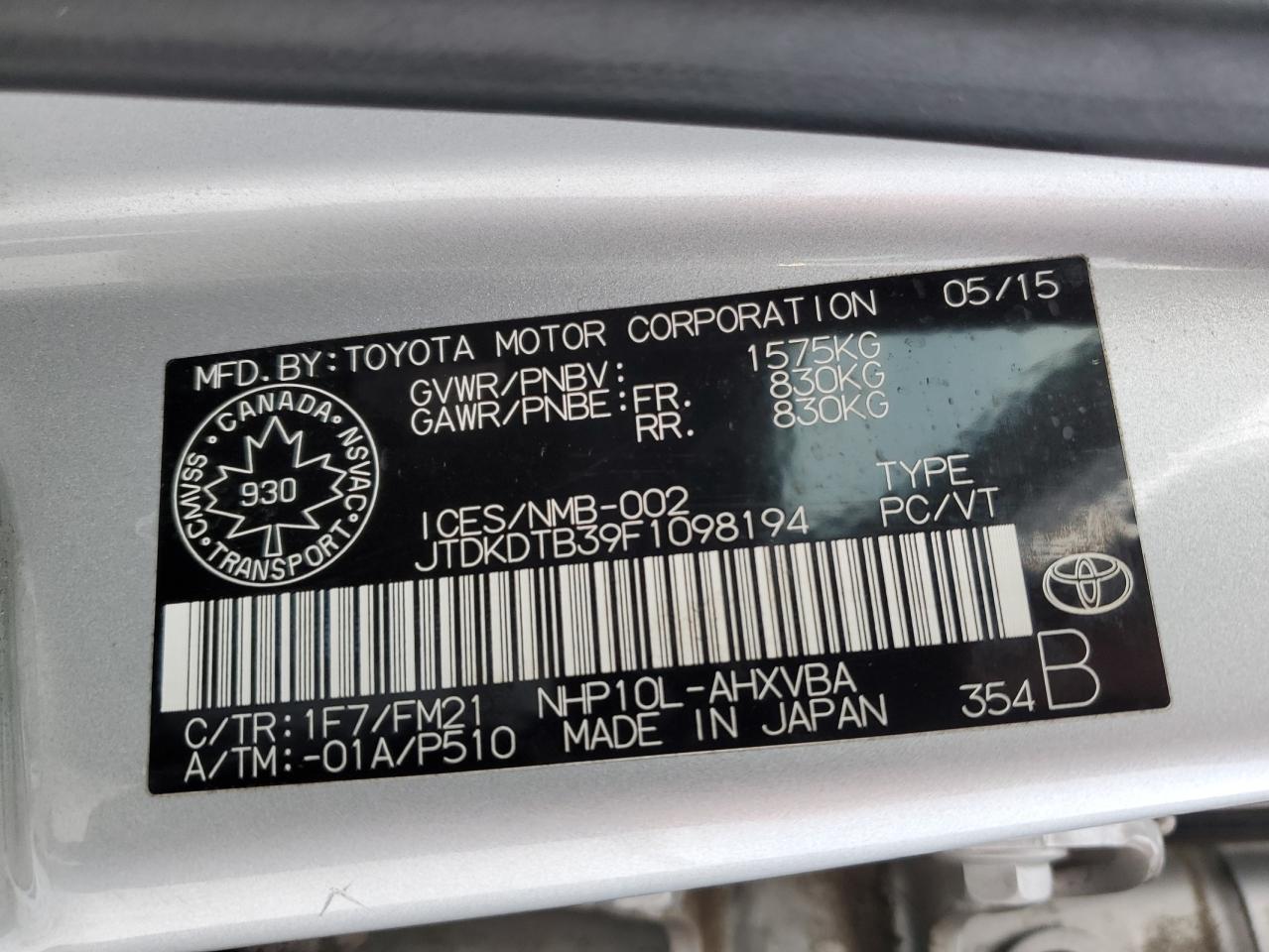 JTDKDTB39F1098194 2015 Toyota Prius C