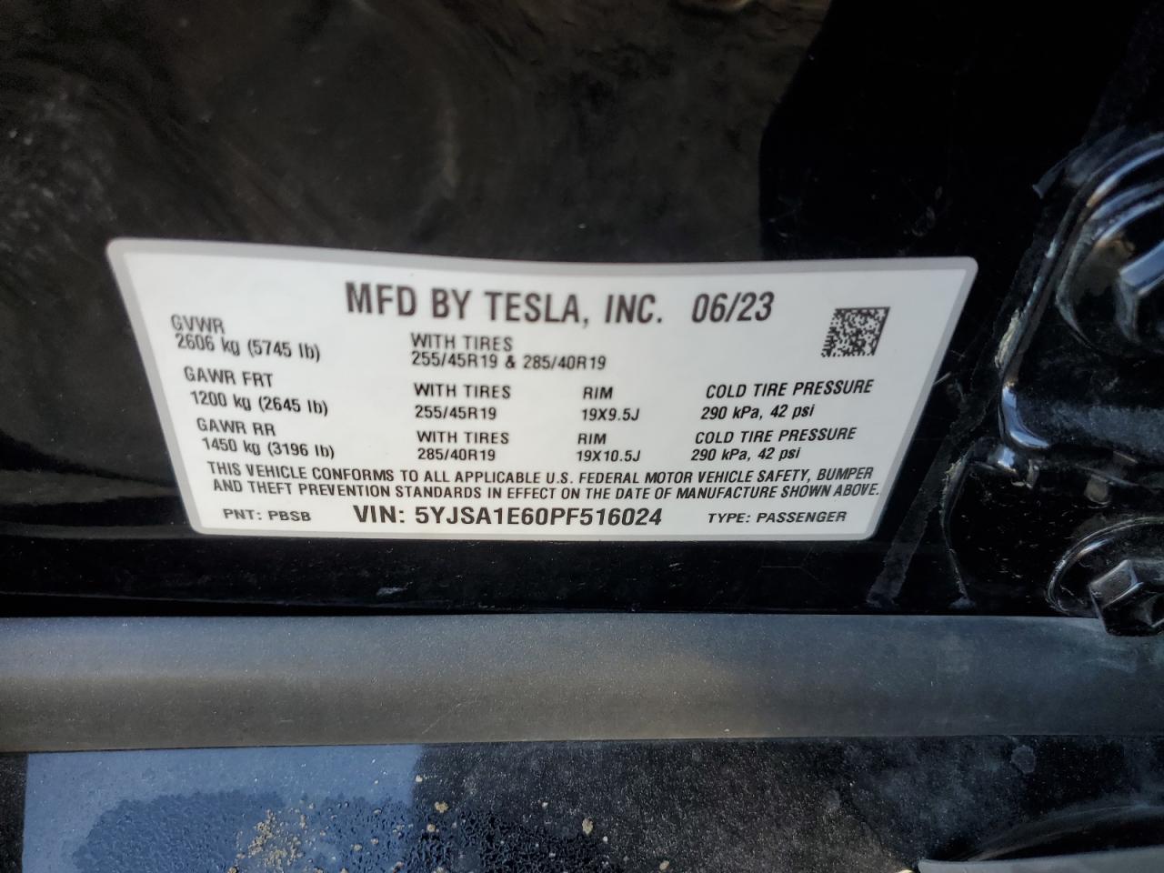 2023 Tesla Model S VIN: 5YJSA1E60PF516024 Lot: 40218084