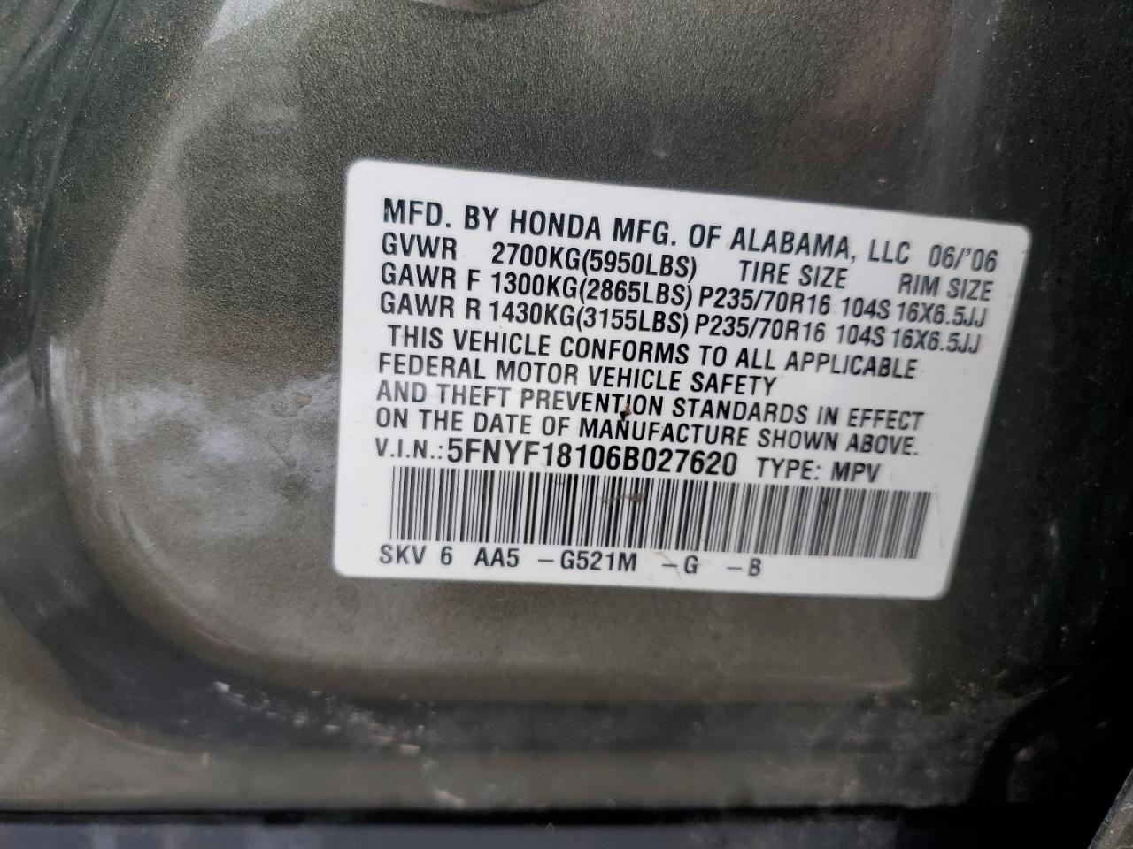 5FNYF18106B027620 2006 Honda Pilot Lx