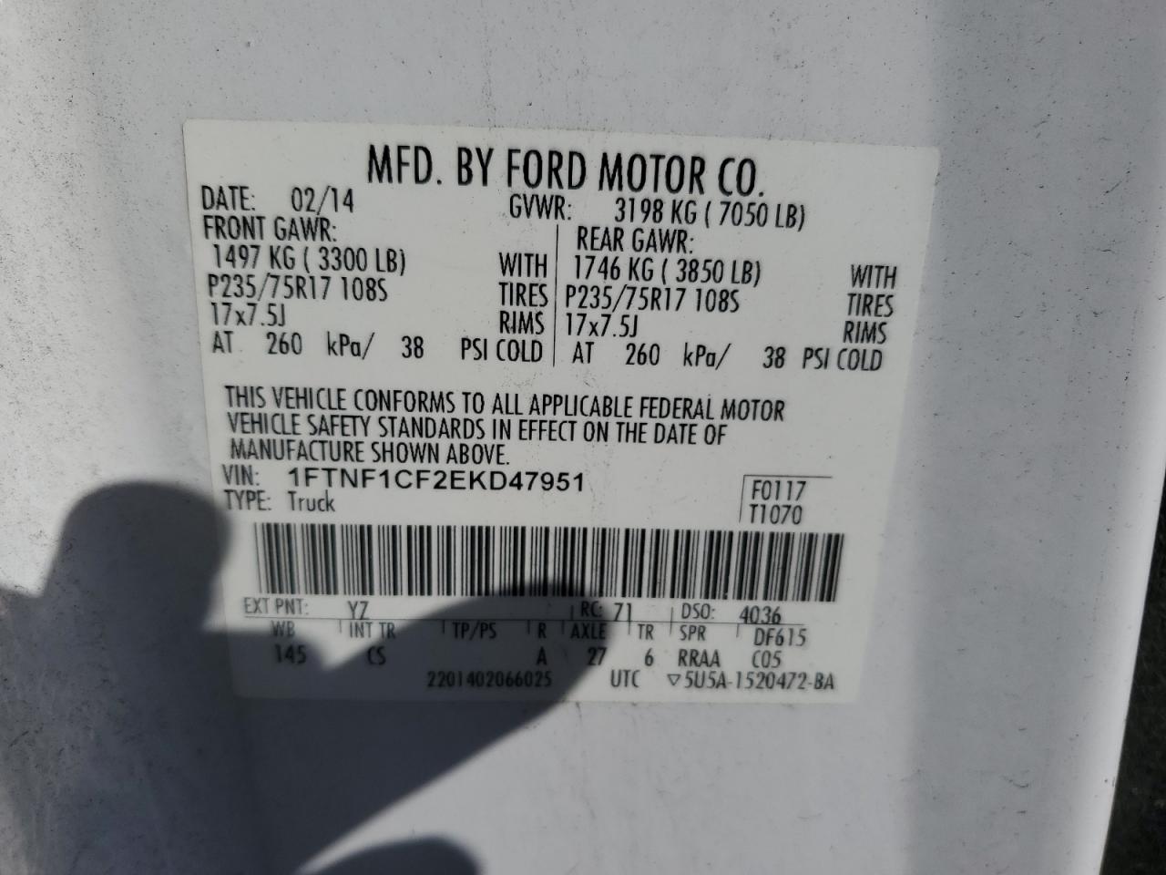 1FTNF1CF2EKD47951 2014 Ford F150