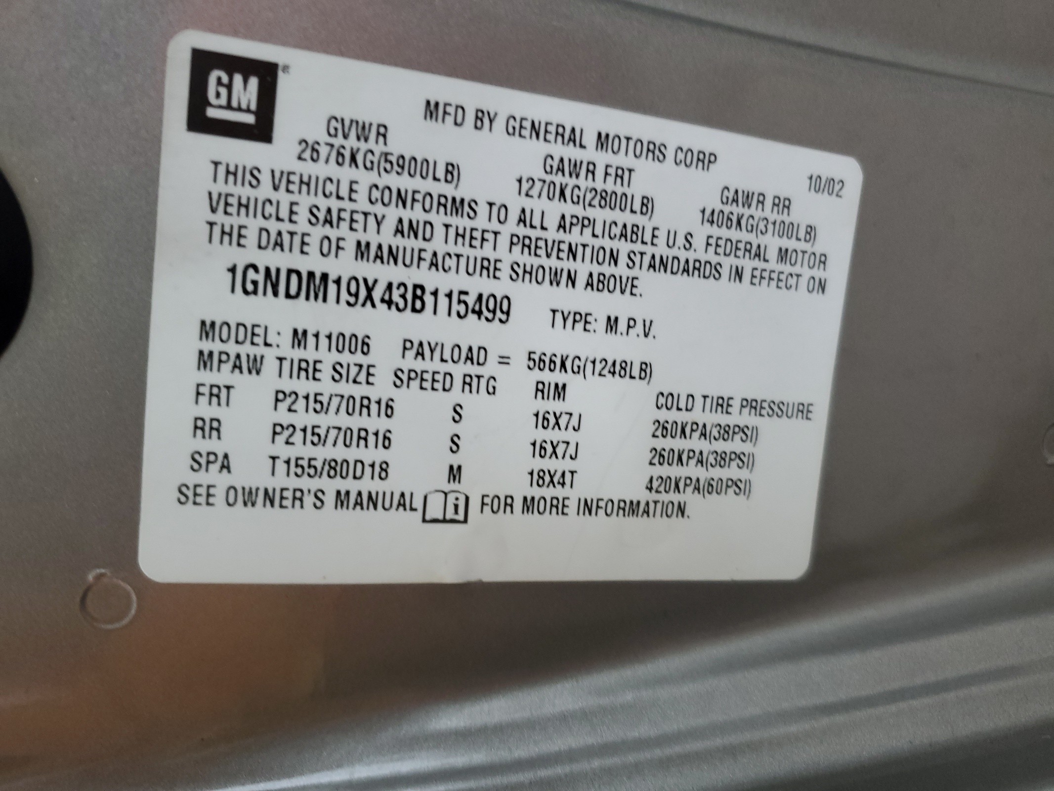 1GNDM19X43B115499 2003 Chevrolet Astro