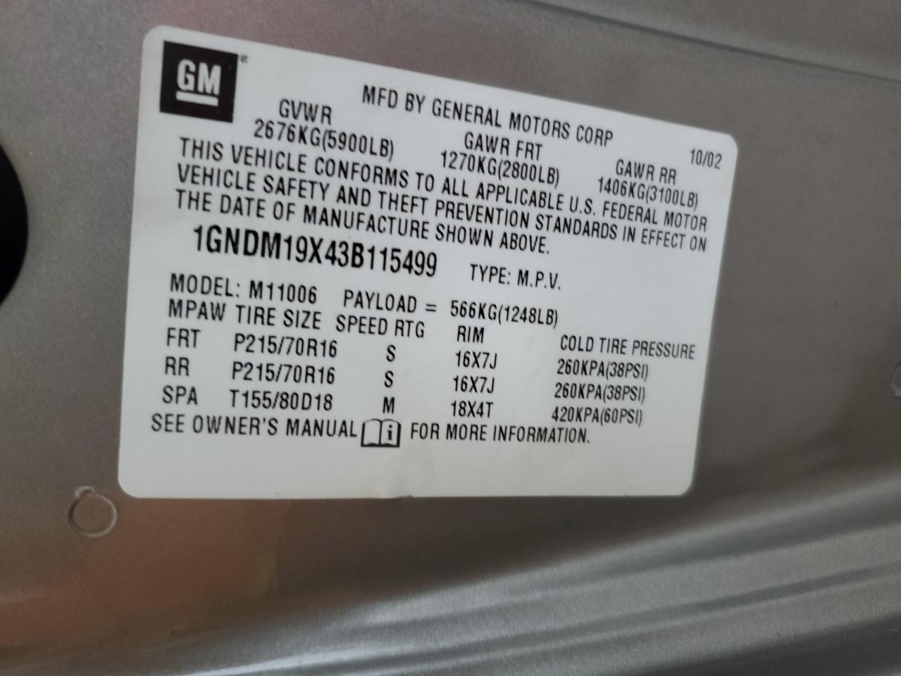 2003 Chevrolet Astro VIN: 1GNDM19X43B115499 Lot: 64778004