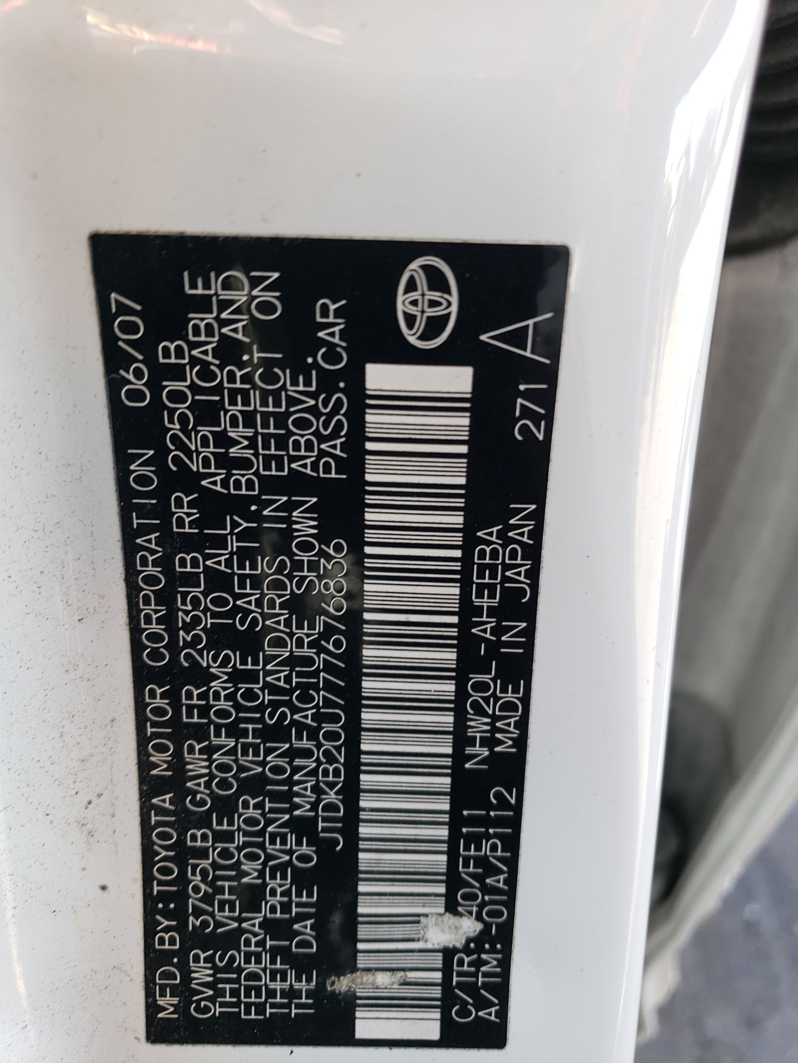 JTDKB20U777676836 2007 Toyota Prius