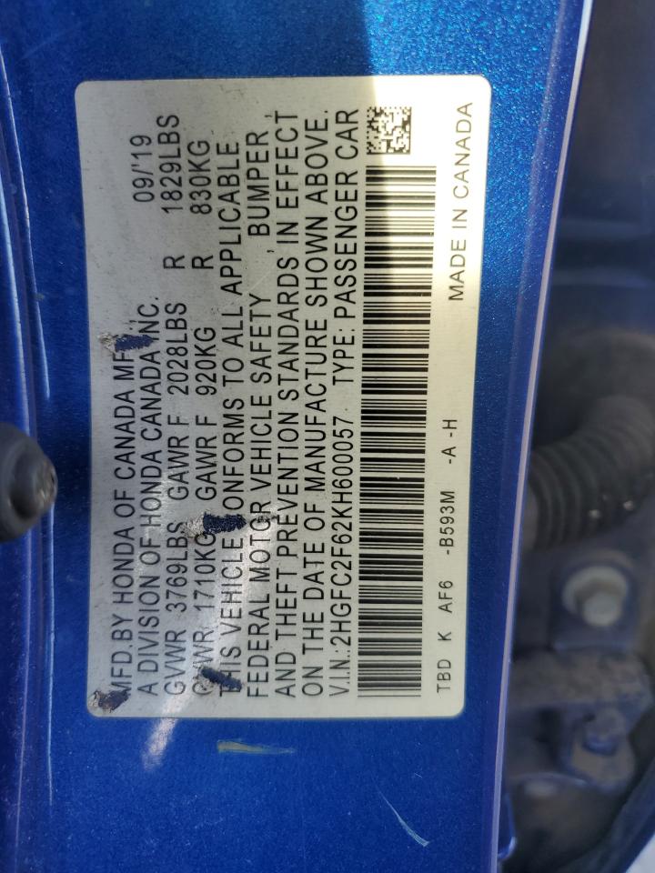 2HGFC2F62KH600057 2019 Honda Civic Lx