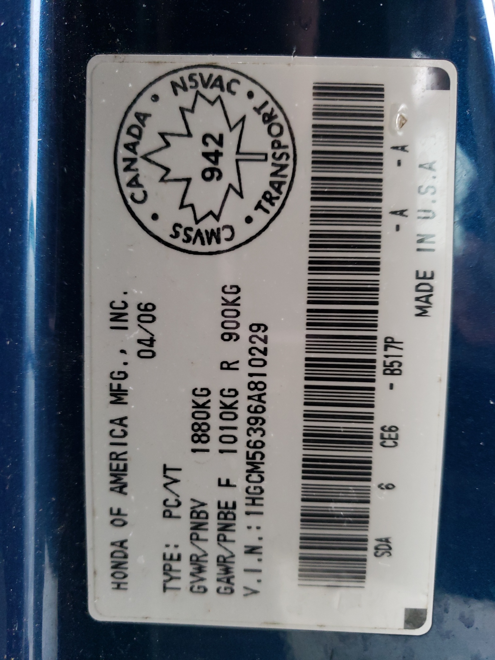 1HGCM56396A810229 2006 Honda Accord Se