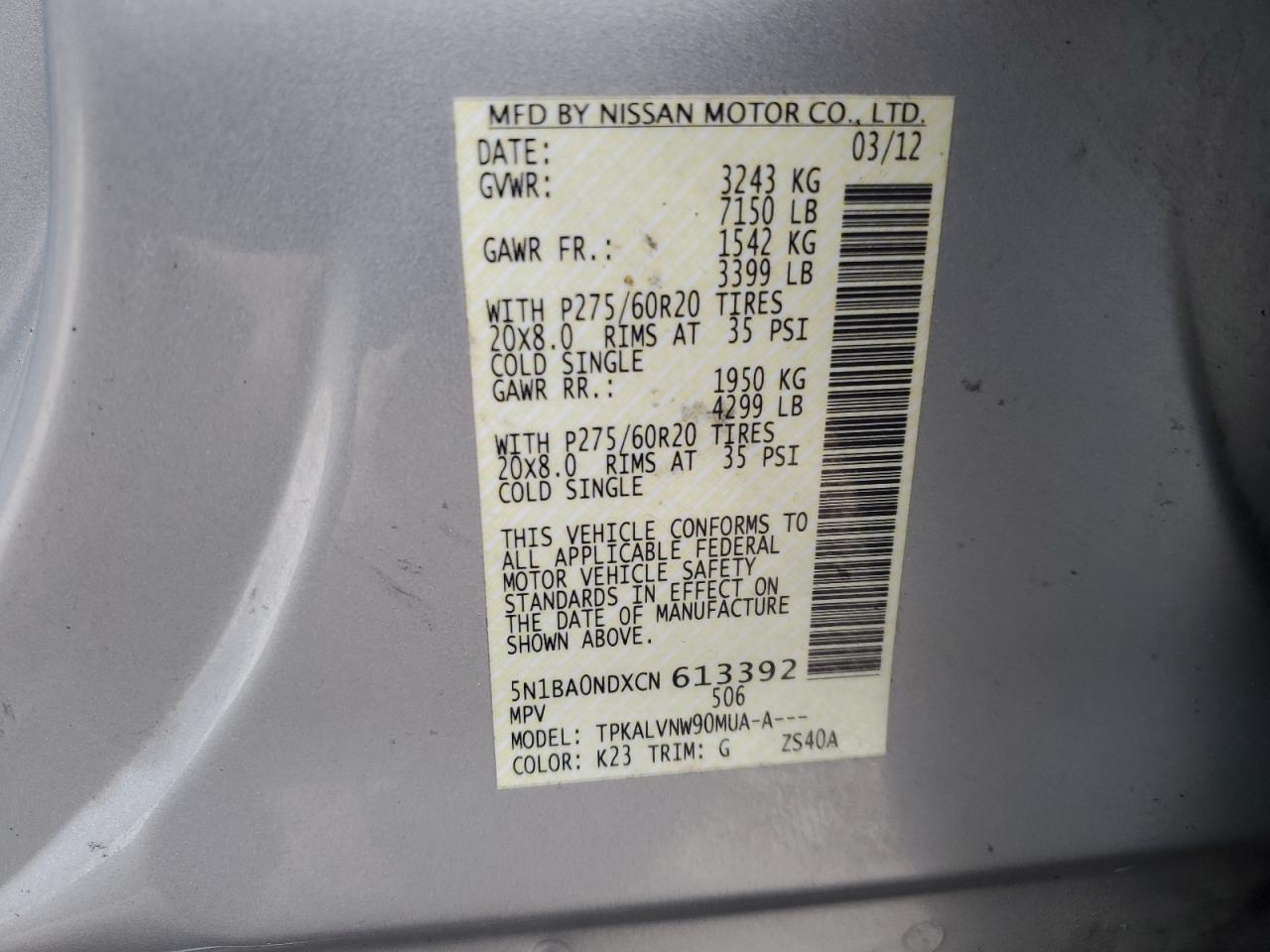 5N1BA0NDXCN613392 2012 Nissan Armada Sv