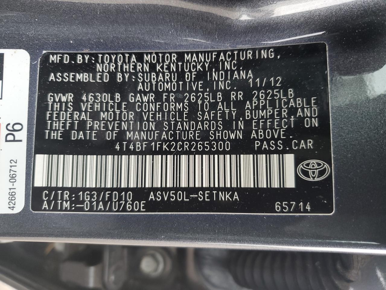 4T4BF1FK2CR265300 2012 Toyota Camry Base