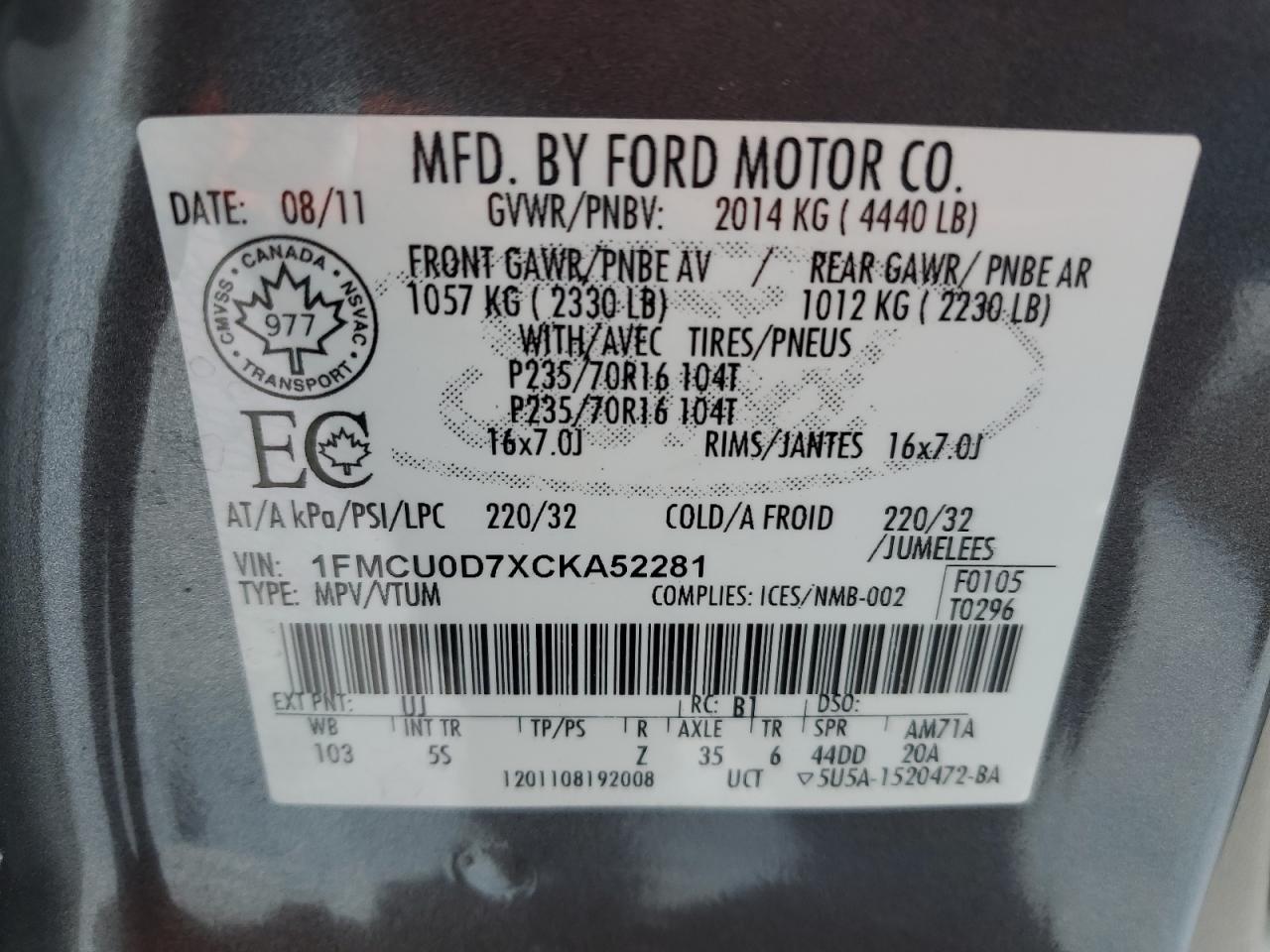 1FMCU0D7XCKA52281 2012 Ford Escape Xlt