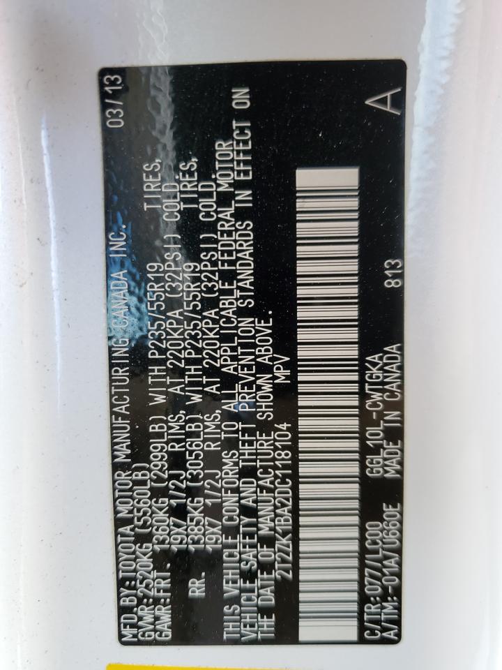 2013 Lexus Rx 350 VIN: 2T2ZK1BA2DC118104 Lot: 38851184