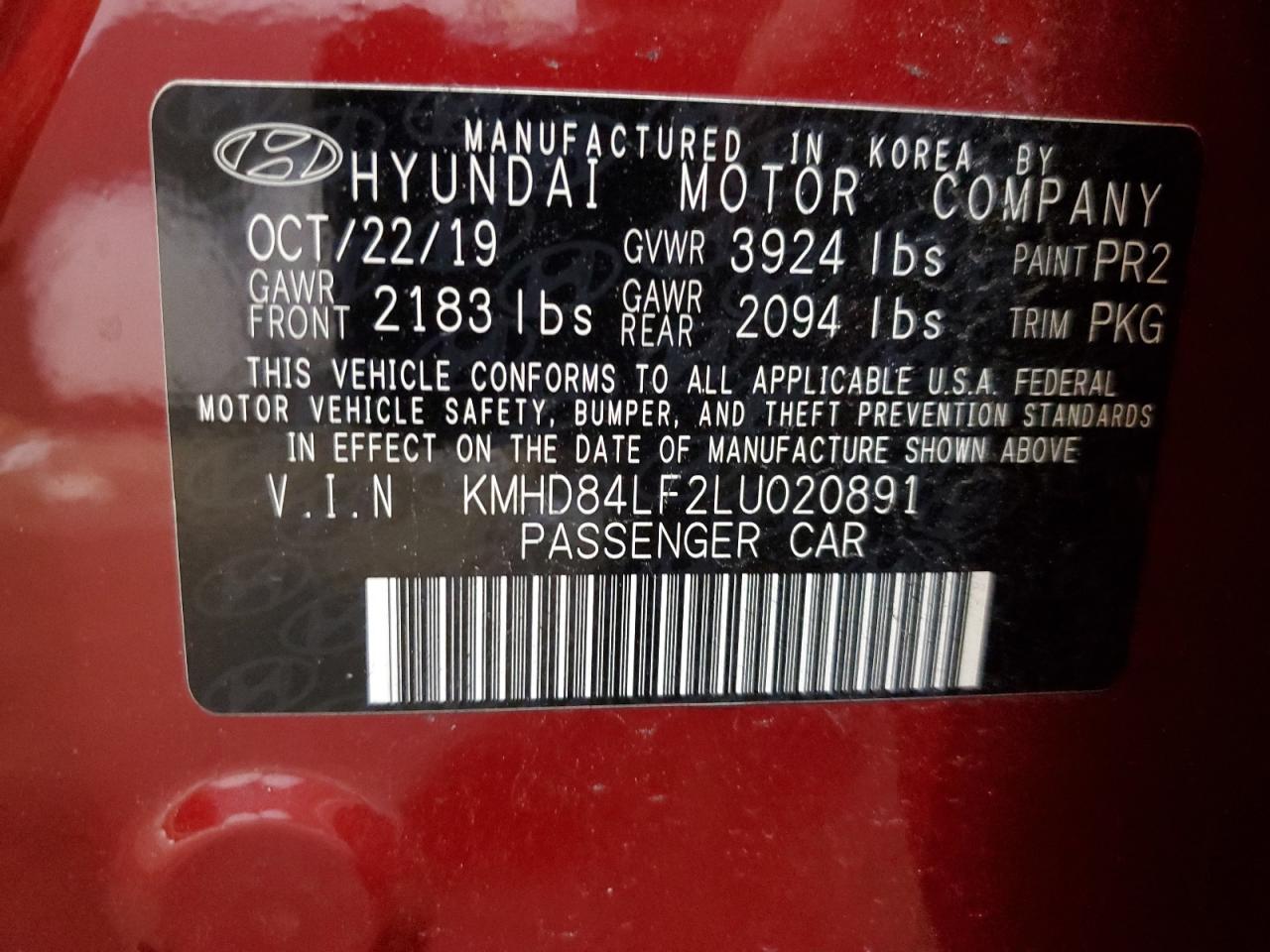 2020 Hyundai Elantra Sel VIN: KMHD84LF2LU020891 Lot: 40358854