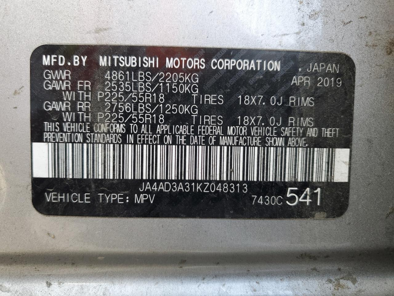 2019 Mitsubishi Outlander Se VIN: JA4AD3A31KZ048313 Lot: 38880474