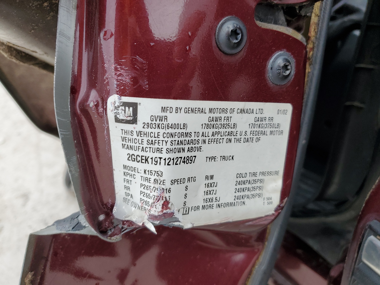 2GCEK19T121274897 2002 Chevrolet Silverado K1500