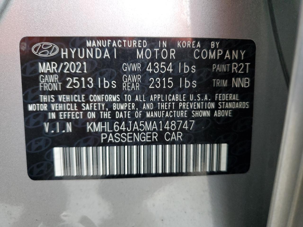 2021 Hyundai Sonata Sel VIN: KMHL64JA5MA148747 Lot: 37225924