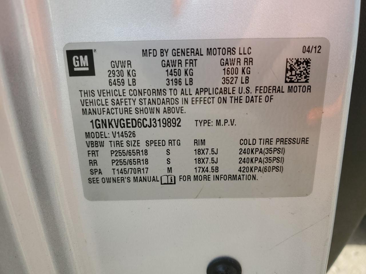 2012 Chevrolet Traverse Lt VIN: 1GNKVGED6CJ319892 Lot: 37930824