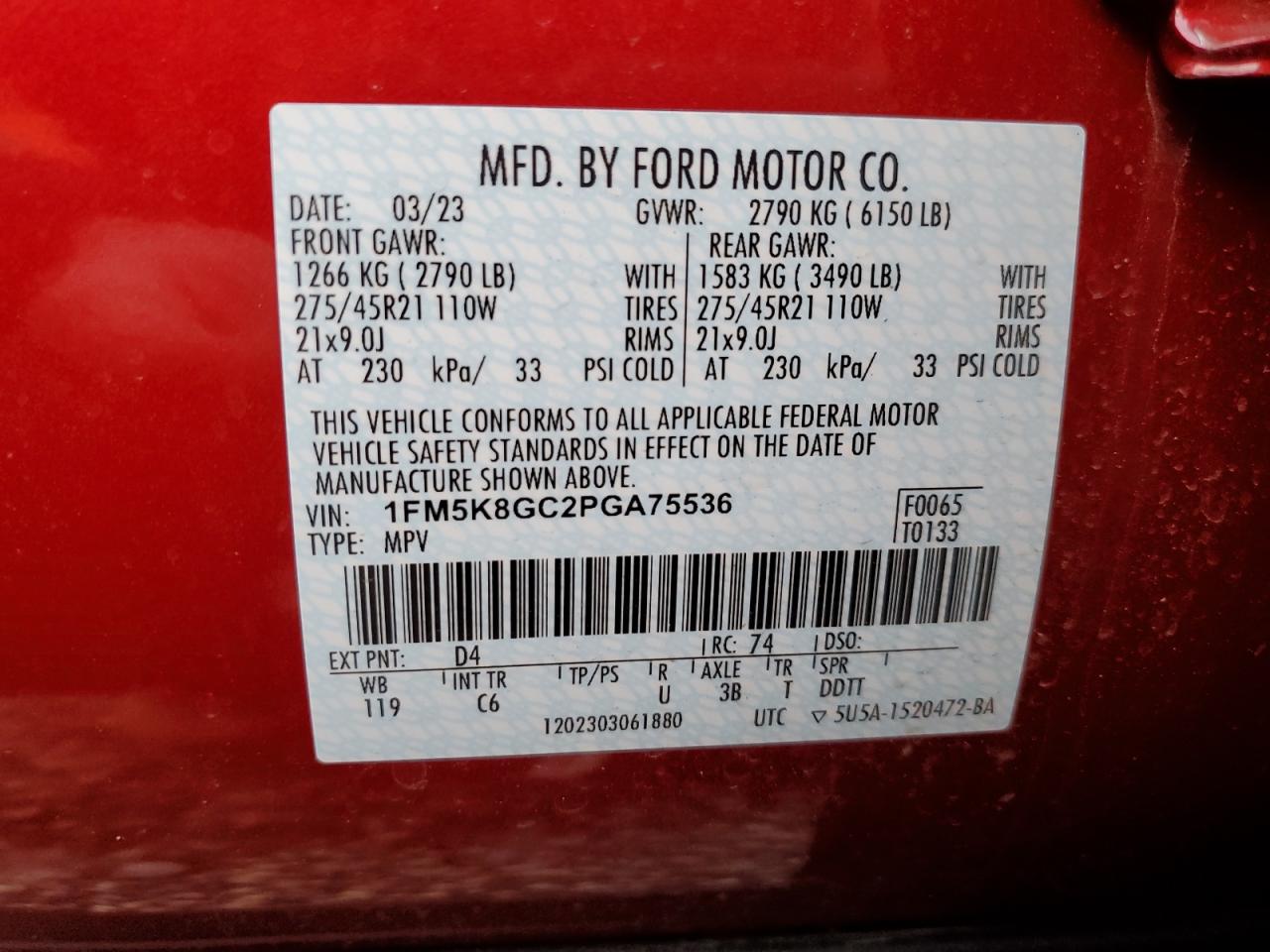 2023 Ford Explorer St VIN: 1FM5K8GC2PGA75536 Lot: 38601094