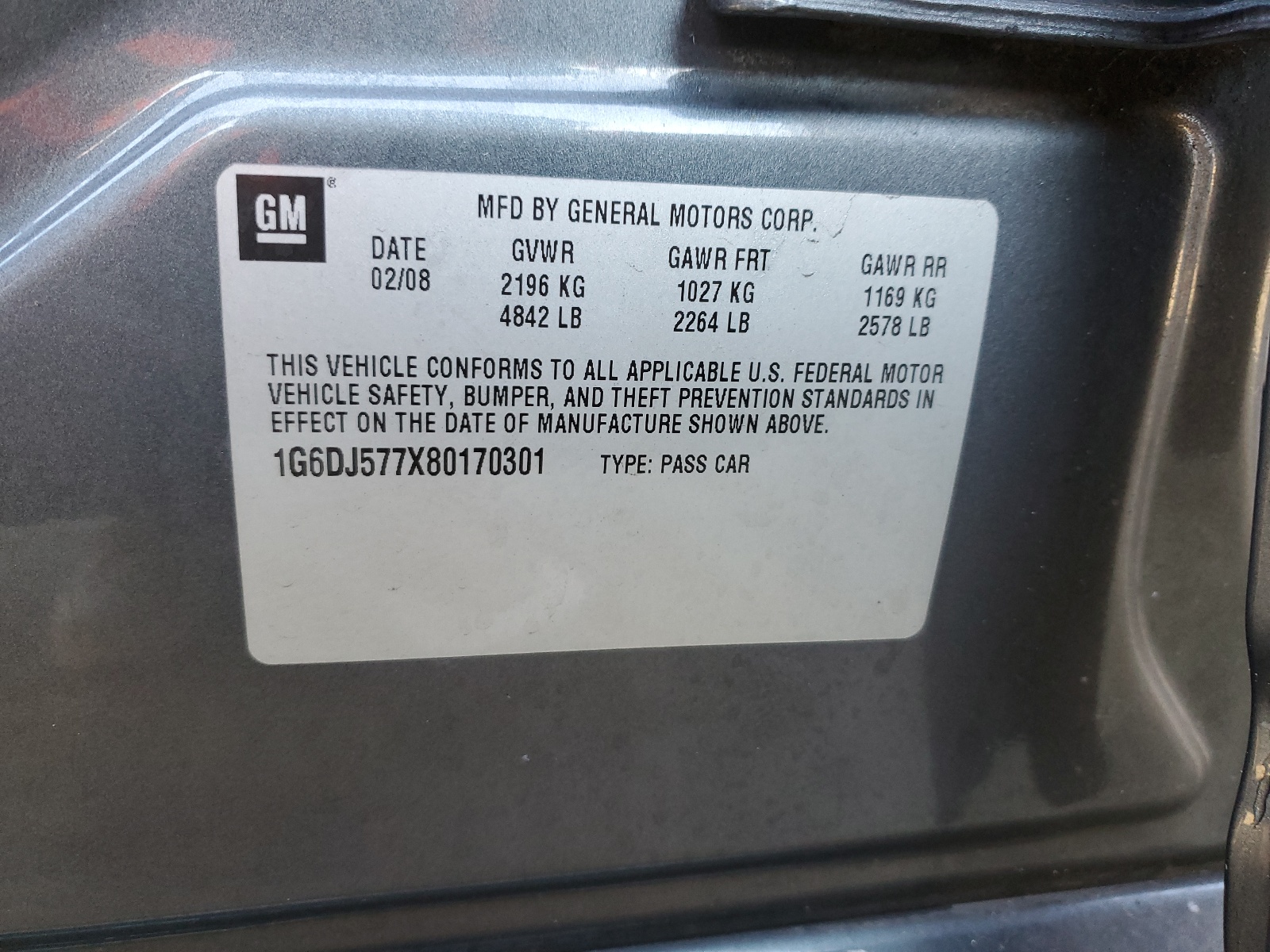 1G6DJ577X80170301 2008 Cadillac Cts