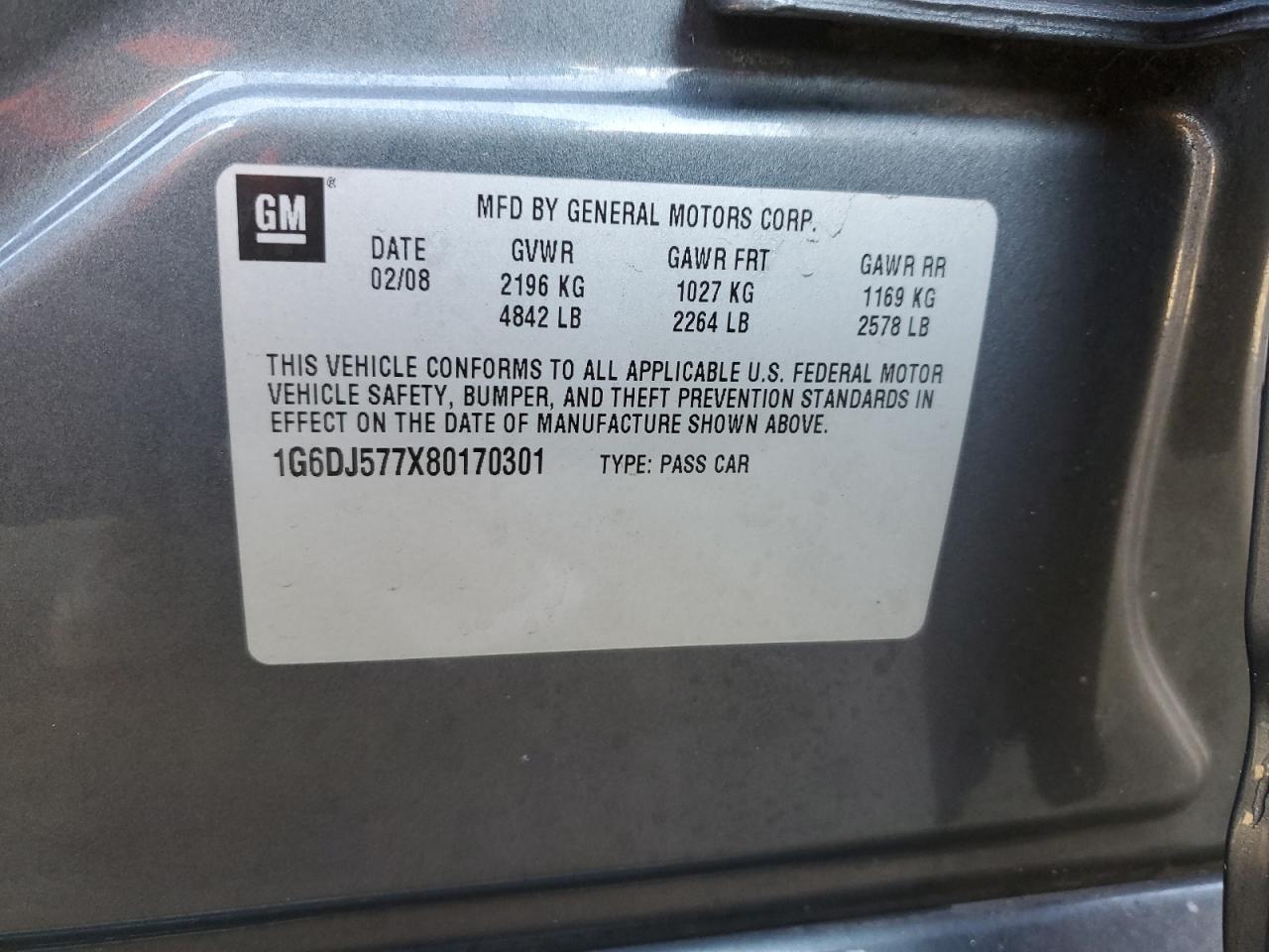 2008 Cadillac Cts VIN: 1G6DJ577X80170301 Lot: 38332224