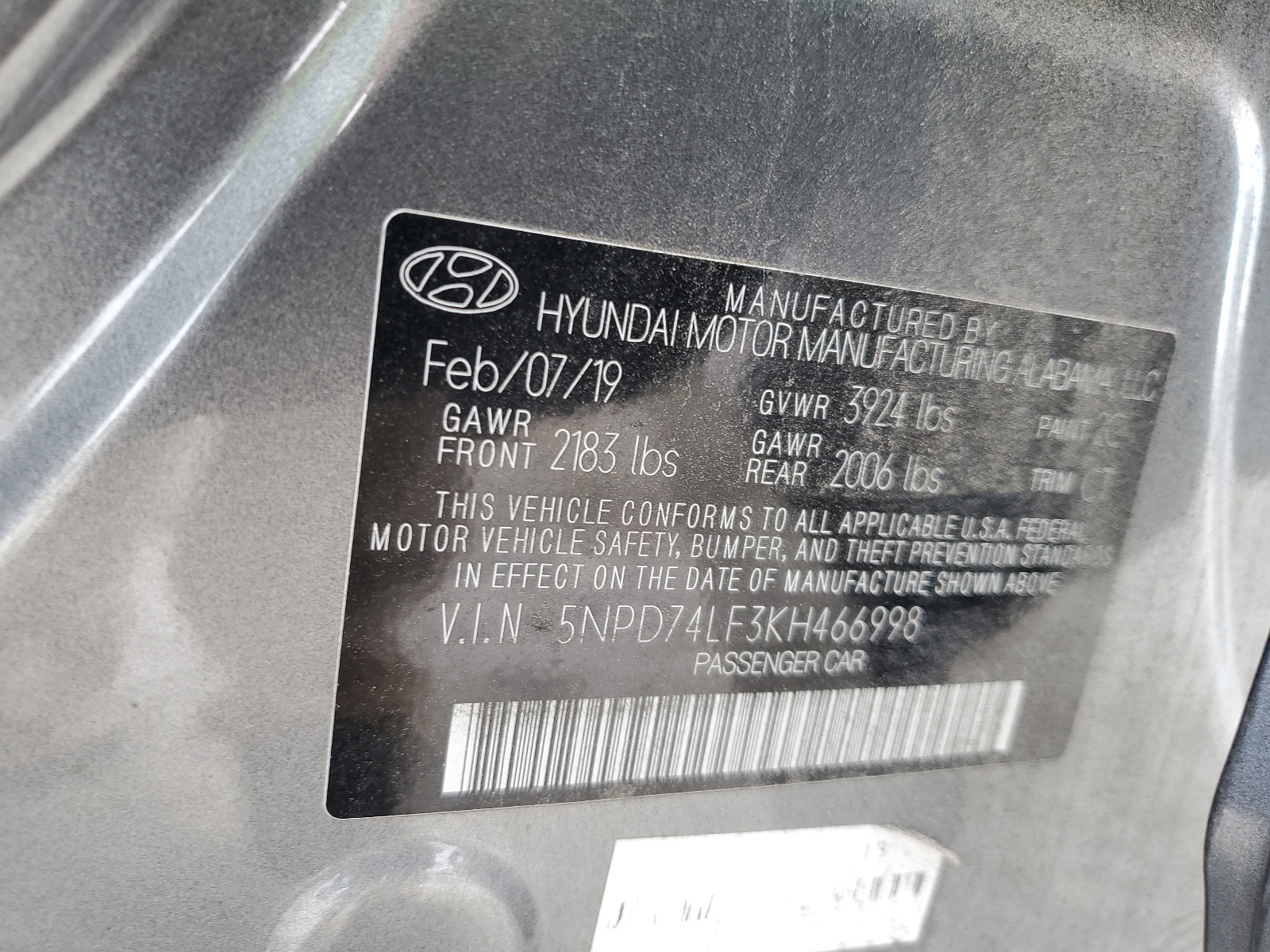 5NPD74LF3KH466998 2019 Hyundai Elantra Se