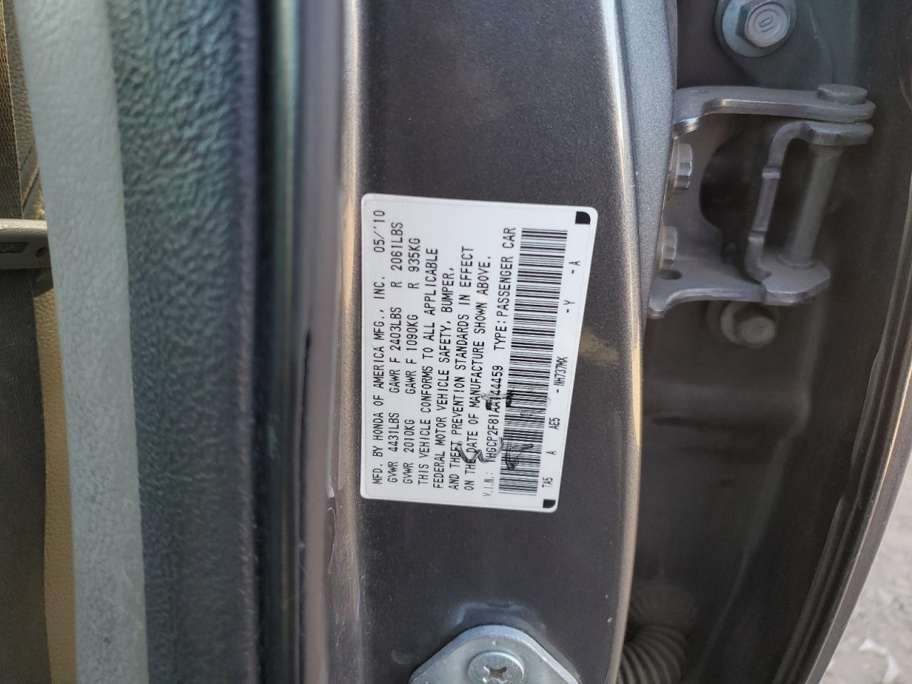 2010 Honda Accord Exl VIN: 1HGCP2F81AA144459 Lot: 37896674