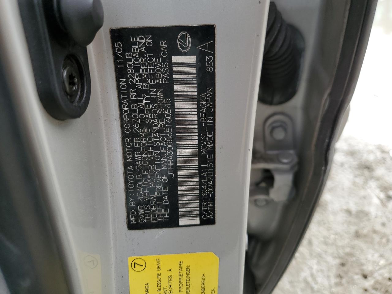 2006 Lexus Es 330 VIN: JTHBA30G865160545 Lot: 38343124