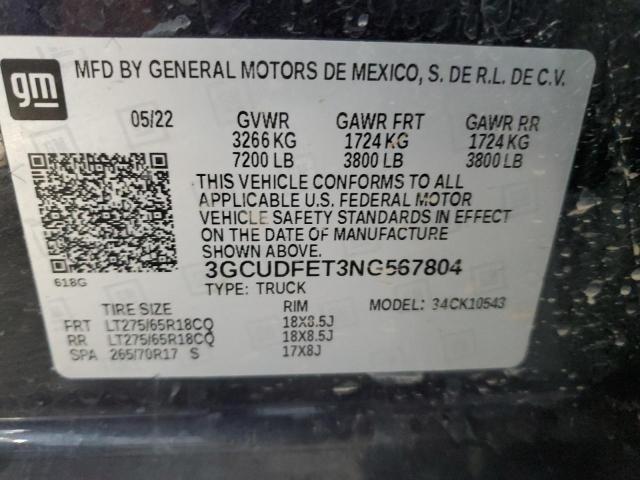 2022 CHEVROLET SILVERADO 3GCUDFET3NG567804  39867364